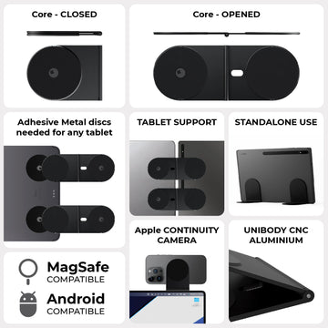 EDGE® Pro Tablet kit - MagSafe phone & tablet holder - Hyperspace Black - MagSafe compatible black aluminum phone and tablet holder with adhesive metal discs, shown closed and opened with adjustable . - Rolling Square